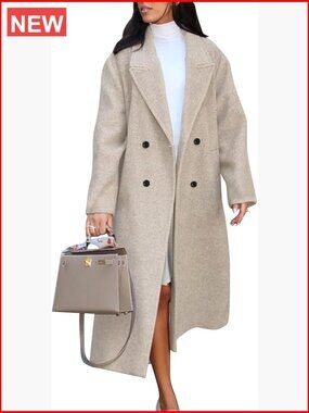 Womens Long Pea Coat Notch Lapel Double Breasted Trench